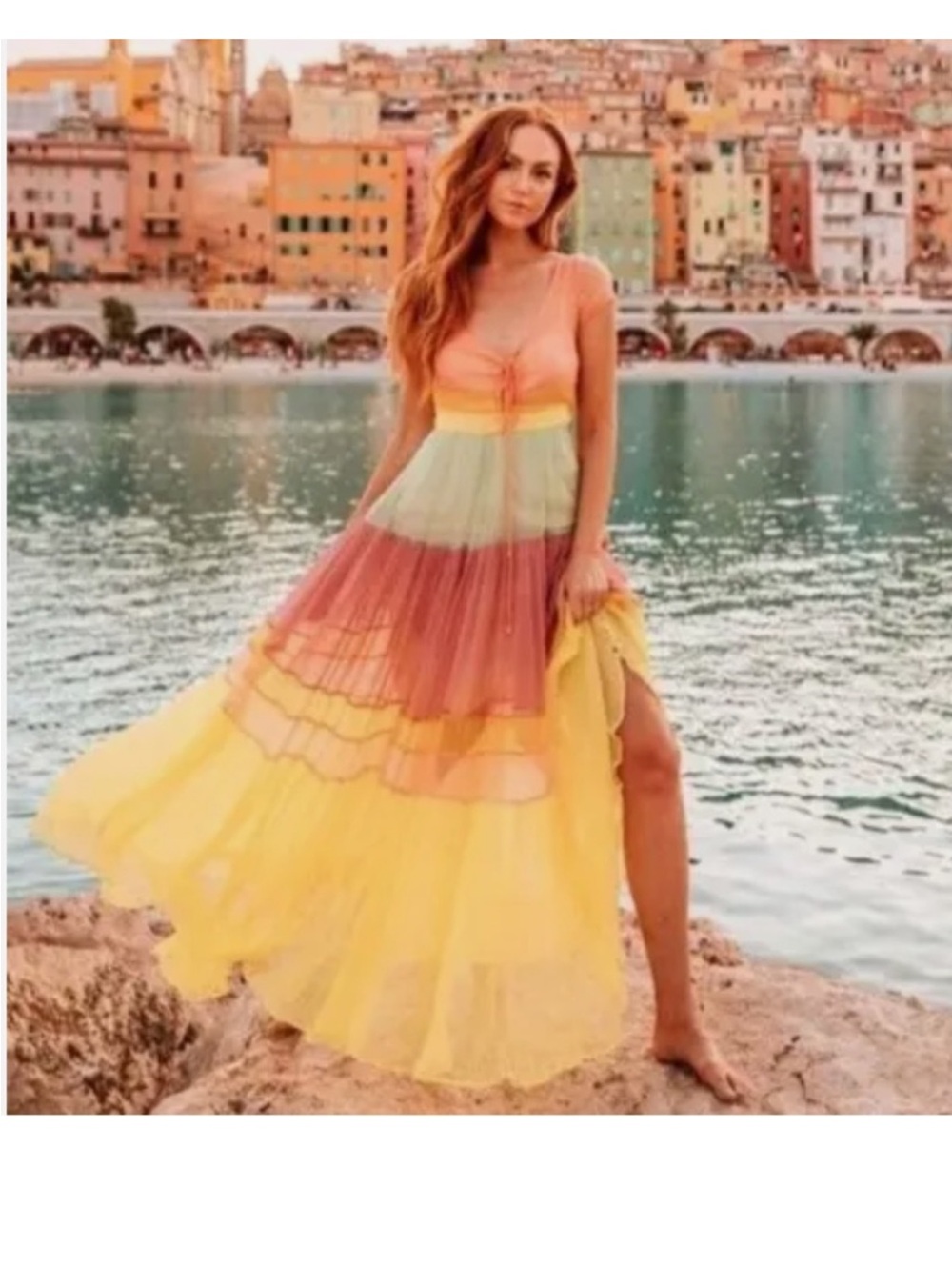 AREA Colorblock High-Low Maxi Dress in Yellow, Coral & Mint
